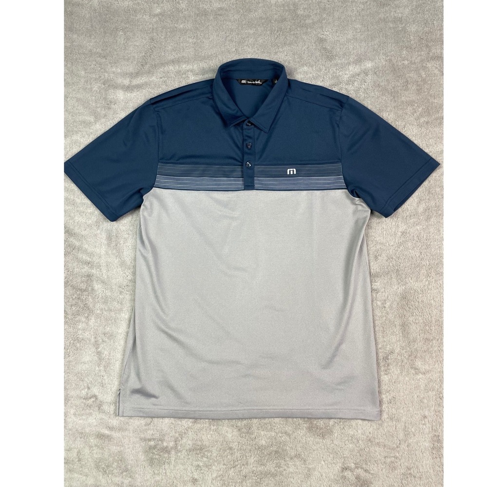TravisMathew Mens Golf Polo Shirt Large L Gray Navy Blue Striped Block 1MW133